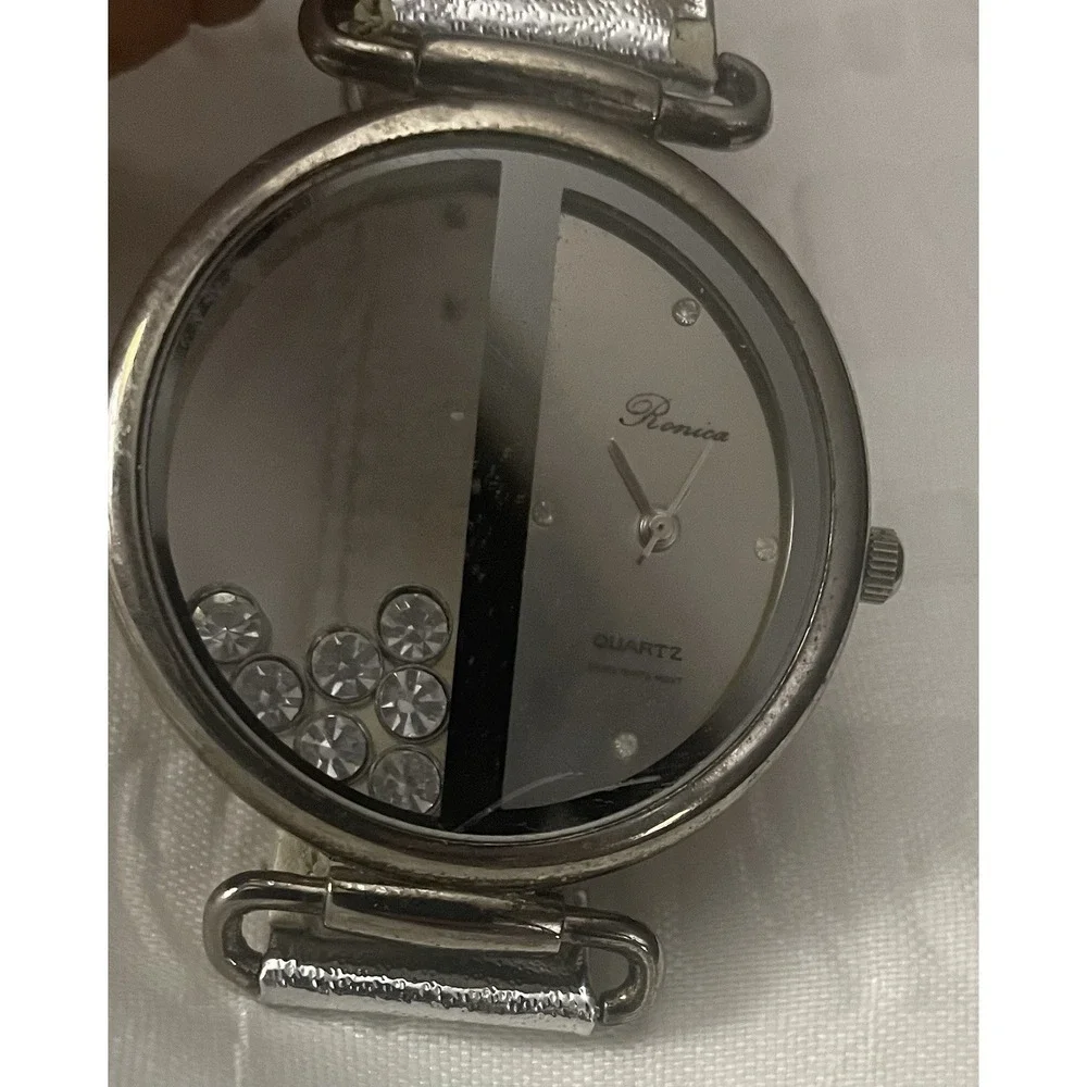 Vtg Ronica Watch Women Tone Floating Crystals Silver Bling *Don't Work*